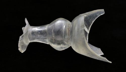 Fragment of goblet with hollow balustere stem, drinking glass drinking utensils tableware holder fragment soil find glass
