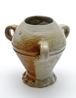 Stoneware cup or three-eared jug on pinched foot, gray with brown flamed salt glaze, cup holder can be tableware holder soil