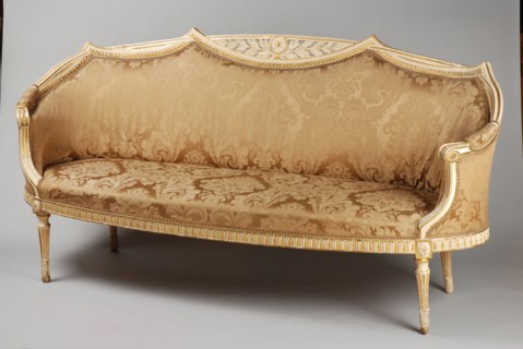 White painted, partly gilded Louis Seize canapé, bench furniture interior furniture wood beech lacquer gold leaf silk dam