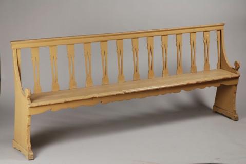 Green painted long garden bench or bench, sofa furniture interior design wood coniferous paint, Openwork backrest with bars