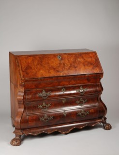 Carrot walnut veneered rococo flap secretary, secretary furniture furniture interiors wood oakwood burr walnut walnut brass iron