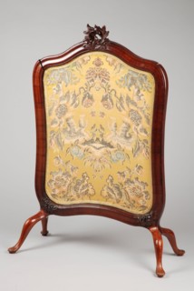 Extendable rococo fire screen, fire shield fire screen furniture wood mahogany silk silver, Mahogonefinated with woven pattern