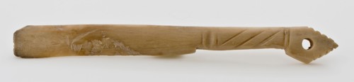 Legs or ivory knife or spatula, round hole in end, decorated with kerf cut, knife spatula cutlery soil find leg ivory, sawn cut