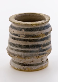 Pottery ointment jar, faience with two constrictions, blue rings around the side wall, ointment jar holder soil found ceramic
