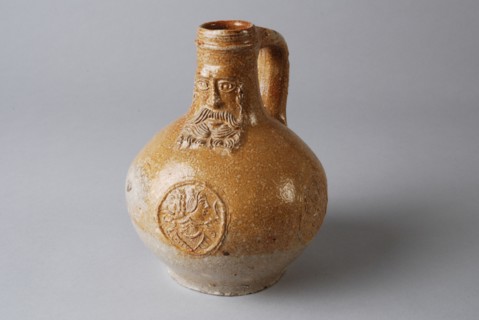 Stoneware barb jug, small and round ball with Bartmann jug, also called Bellarmine jug, and three portrait medallions, Bartmann