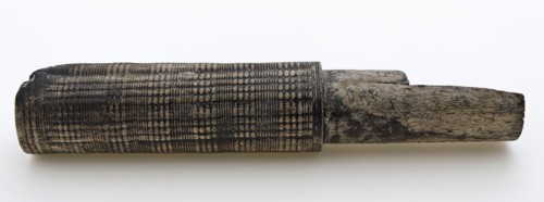 Fragment of wooden case, decorated with fine turns, tube needle case sewing kit holder soil find wood, sawn turned Fragment