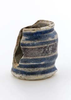 Fragment majolica ointment jar, cylindrical with two constrictions, rings in purple and blue, ointment jar pot holder soil find