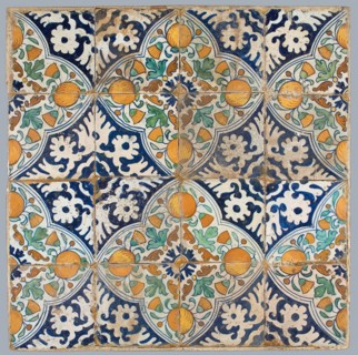 Tile field, four high, four wide, four ornament tiles, diagonal decor, orange, blue and green on white, orange apples in quarter