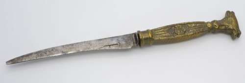 Iron blade with bronze handle, ending with cow's head, knife cutlery soil find iron bronze metal, forged cast Iron knife