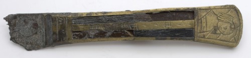 Fragment iron knife, brass handle, inlaid with dark wood, engraved woman, knife cutlery soil find iron bronze brass metal ebony