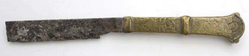 Knife with Caritas, Fortitudo and name Gheertgen Cornelisdochter, knife cutlery soil find iron copper brass metal, forged cast