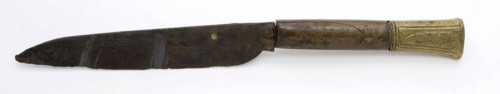 Iron blade with legs and brass handle with engraved saints, knife cutlery soil find iron copper brass metal leg, w 1.5 forged