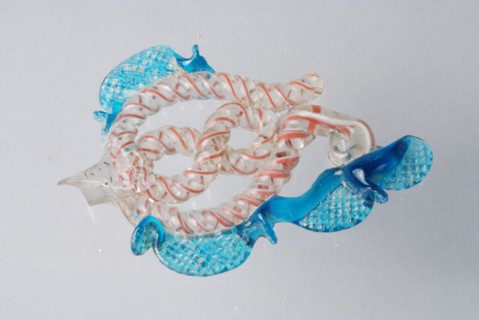 Fragment of stem of wing glass in clear colorless, red and blue glass, drinking glass drinking utensils tableware holder