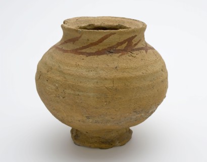 Pingsdorf ball pot on small foot, brown-yellow with streaks of denim paint, ball pot kitchenware earthenware ceramics pottery