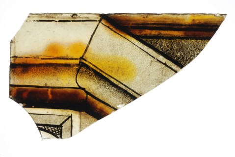 Fragment of green window glass with stained-glass decor, plinth or frame, window glass building material soil find glass, w 7.4