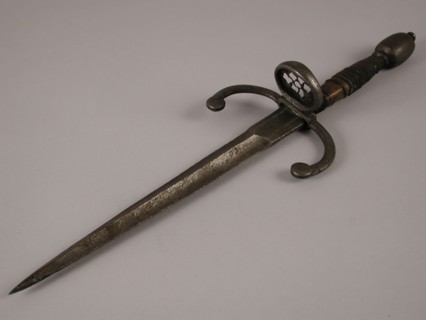 Left hand dagger with wooden hilt, brass braiding, dagger weapon iron brass wood metal, w 11.5 forged carved pulled Left hand