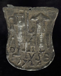 IVSB, Roof bonnet, shield-shaped cover plate with initials IVSB, 1724 and guide tool, lead hallmark lead metal, Roof lead shield