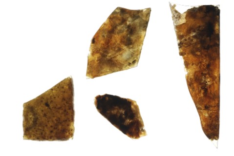Four fragments of window glass covered with thick layer of irisation, window glass building material soil find glass, w 3.3 cast