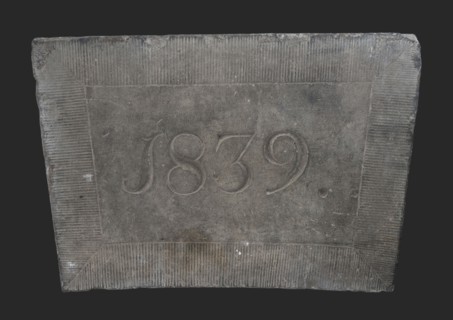 Facing brick with date 1839, facing brick foundation stone building component slate stone, chopped Rectangular from top