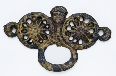 Brass belt buckle or belt hanger consisting of two pink tops, oval eye and small face, fitting belt accessory soil found copper