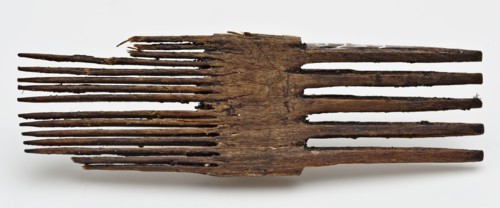 Fragment of wooden comb with coarse and fine teeth, comb fragment soil find wood, w 7.0 sawn cut Fragment of wooden comb. Center