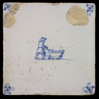 Scene tile, child's play, sleigh ride, corner motif spider, wall tile tile sculpture ceramic pottery glaze tin glaze, in shape