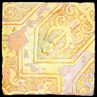 Earthenware tile with continuous decor in sludge technology, sheet scrolls in diagonal frames, tile floor tile tile sculpture