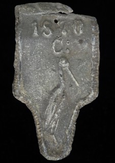 C., Roof bonnet, shield-shaped cover plate with 1870 C and stork, lead mark lead metal, Roof bonnet shield-shaped cover