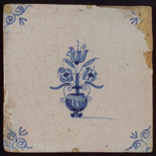 Tile, flower vase, blue decor white ground, corner filling oxen head, wall tile tile sculpture ceramic earthenware enamel