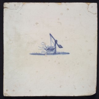Landscape tile with well, blue decor on white ground, no corner filling, wall tile tile sculpture ceramic earthenware enamel