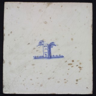 Landscape tile with tower, blue decor on white ground, no corner fill, wall tile tile sculpture ceramic earthenware enamel