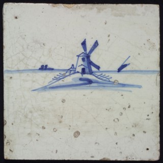 Landscape tile with windmill on mound, blue decor on white ground, no corner filling, wall tile tile sculpture ceramics