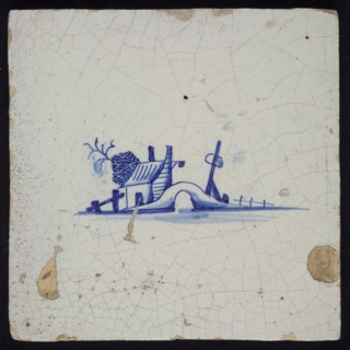 Landscape tile with bridge and inn, blue decor on white ground, no corner fill, wall tile tile sculpture ceramic earthenware