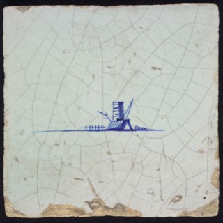 Landscape tile with house and tower or staff, blue decor on white ground, no corner padding, wall tile tile sculpture ceramic