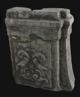 Fragment facade ornament with frame and curls, façade ornament ornament basement building component sandstone stone paint