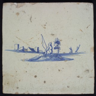 Landscape tile, with angler and river landscape, blue decor on white ground, no corner filling, wall tile tile sculpture ceramic