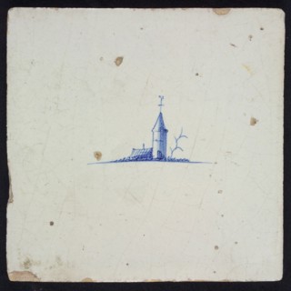 Landscape tile, church building, blue decor on white ground, no corner filling, wall tile tile sculpture ceramic earthenware