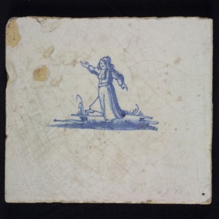 Figure tile, woman in long robe on small piece, blue decor on white background, no corner filling, pastel, wall tile