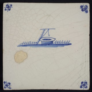 Scene tile, well, blue decor on white ground, corner fill spider, wall tile tile sculpture ceramic earthenware glaze tin glazing
