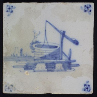 Scene tile, well, blue decor on white ground, corner fill spider, wall tile tile sculpture ceramic earthenware enamel tinglage
