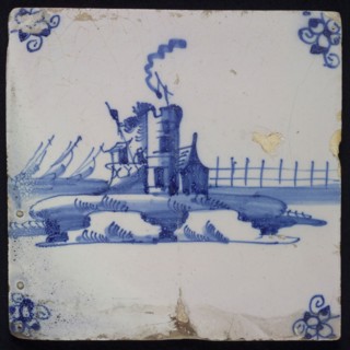 Scene tile, lighthouse and lighthouse, blue decor on white ground, corner fill spider, wall tile tile sculpture ceramic