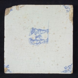 Scene tile, double child's play, making music, corner motif ox's head, wall tile tile sculpture ceramic earthenware glaze tin