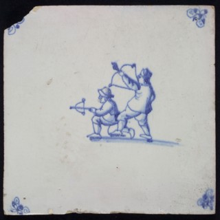 Scene tile, double child's play, archery, corner motif spider, wall tile tile sculpture ceramic earthenware glaze tin glaze