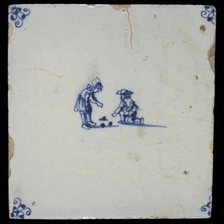Scene tile, double child's play, shooting nuts, marbles, corner motif spider, wall tile tile sculpture ceramics pottery glaze