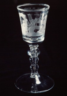 Chalice, goblet, engraved with maternity scene and THE WELFARE OF THE KRAM WOMAN AND CHILD, wine glass drinking glass drinking