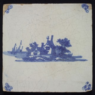 Scene tile, landscape tile with house, blue decor on white ground, corner fill spider, wall tile tile sculpture ceramic