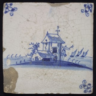 Scene tile, landscape tile with house or chapel, blue decor on white ground, corner fill spider, wall tile tile sculpture