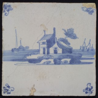 Scene tile, landscape tile with house, blue decor on white ground, corner fill spider, wall tile tile sculpture ceramic
