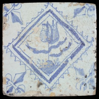 Flower tile with tulip in serrated square, blue decor on white ground, corner filling lily, wall tile tile sculpture ceramic