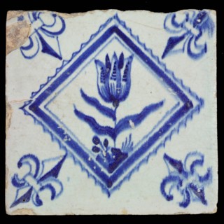Flower tile with tulip in serrated square, blue decor on white ground, corner filling lily, wall tile tile sculpture ceramic